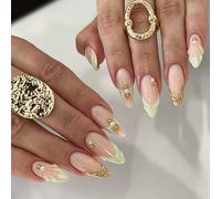 10 pièces Ongles à coller en acrylique de luxe français avec décoration 3D en feuille d'or en forme de coquillage, forme amande moyenne, convient pour les mariages, les demoiselles d'honneur et les fê
