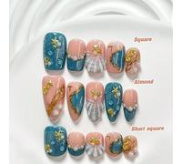 10 pièces Ongles à coller faits main style conte de fées des profondeurs marines, ensemble d'ongles en polygel, étoile de mer, hippocampe, coquillage, bleu œil de chat, vernis à ongles bleu et blanc, 