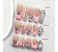 10 pièces Ongles à coller style Y2K faits main, ensemble d'ongles en polygel, cœurs en perles brillantes, signes dollar roses, strass argentés, rayures, vernis à ongles rose, style décontracté, compre