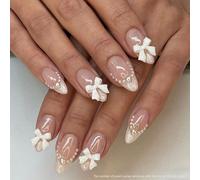 10 pièces Ongles à presser de taille moyenne faits à la main, ongles de style simple, ongles blancs à pointe française, décorations d'ongles avec nœud de perle fausse en trois dimensions, adhésif d'on