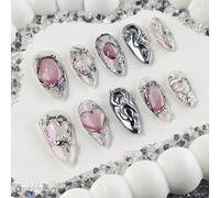 10 pièces Ongles à presser faits main en forme d'amande à couverture complète, longueur moyenne, rose, style doux et cool, convient aux femmes et aux filles, parfait comme cadeau, avec 1 pièce de tamp