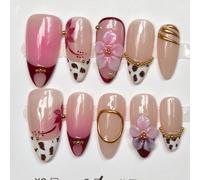 10 pièces Ongles à presser faits main en forme d'amande sculptée avec imprimé léopard français et dégradé rose blush, style polyvalent pour le port quotidien des filles, pointes d'ongles artificielles