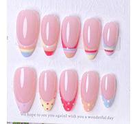 10 pièces Ongles à presser faits main pour l'été, Ongles faux en forme d'amande, Style arc-en-ciel vibrant, Art des ongles peint à la main avec contraste rose nude, rayures arc-en-ciel et pois, Design