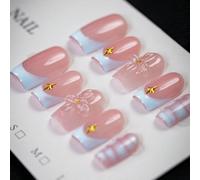 10 pièces Ongles à pression de style Y2K avec fond rose nude et fleurs bleues claires transparentes 3D - Ongles carrés grillagés bleu clair purs faits à la main - Prenant le rose nude comme couleur pr