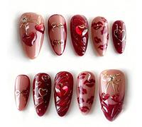 10 pièces Ongles acryliques rouges à lèvres de la Saint-Valentin, ongles en forme d'amande moyenne avec stickers holographiques œil de chat, set d'ongles faux 3D rouge Y2K avec décoration en nœud/cœur