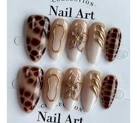10 pièces Ongles bruns en forme d'amande, Nail Art imprimé crocodile Y2K flirteur pour l'automne/l'hiver, Faux ongles courts/mi-longs dorés à fleurs faits main, Simples et polyvalents pour un port quo