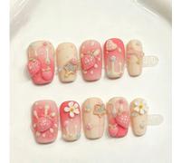 10 pièces Ongles carrés moyens faits à la main pour les fêtes et l'usage quotidien, ongles de couleur rose, ours mignons, nœuds roses, étoiles, fraises juteuses, ongles à pression 3D avec fraises, fle