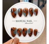 10 pièces Ongles courts amande pressés à la main, style chic terreux et rétro Y2K | Ongles marron caramel, bleu cendré, taches d'encre | Ongles réutilisables pour usage quotidien et fêtes d'automne-hi