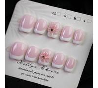 10 pièces Ongles courts carrés roses et blancs de style élégant, faux ongles français faits à la main avec fleurs 3D, forme de fleur rose, petits strass incrustés au centre de la fleur, élégant mais d
