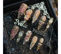 10 pièces Ongles stiletto entièrement couverts faits à la main, ongles de couleur abricot, rendu rose, détachables et réutilisables, utilisant des motifs de lignes de papillon dessinés à la main en or