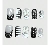 10 pièces Patchs d'ongles faux faits main Millennial Babes, noir et blanc, motif pois rétro avec nœud et clés, style fille pleine de vitalité, modèle de production de masse GéométriqueABS