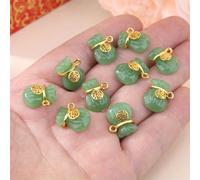 10 pièces Pendentif en forme de sachet chanceux vert en jade avec gouttelettes d'huile dorée et méthode antique pour collier DIY et accessoires de bijoux Verre