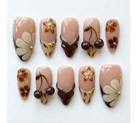 10 pièces Pointes d'ongles en forme d'amande moyen-long fait main pour l'automne/l'hiver, ongles pointus français dégradé zèbre marron nude Y2K, art floral cerise peint à la main, décor 3D goutte d'ea