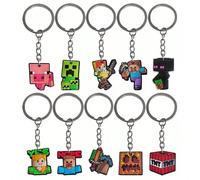10 pièces Porte-clés en PVC souple thème de la grille de pixels de la bataille de Minecraft, comprenant des porte-clés des personnages Steve, Alex, Creeper. Décorations pour sacs à dos, décorations su