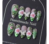 10 pièces/set Autocollants d'ongles en forme d'amande faits à la main, style français vert Y2K, design de coccinelle 3D artisanal, imprimé de feuille verte peint à la main, associé à des perles, pour