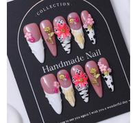 10 pièces/set Capuchons d'ongles à coller faits à la main rose Y2K longs et pointus, fleurs de rose sculptées à la main en 3D, motif de vache dégradé. C'est un choix idéal pour la décoration des ongle