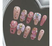 10 pièces Set de décalcomanies d'art pour ongles en forme de cercueil en strass de luxe, faites à la main. Faux ongles avec chaîne de strass papillon peinte à la main pailletée Y2K. Pointes d'ongles d