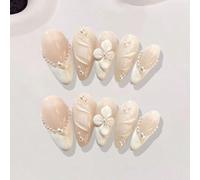 10 pièces Set d'ongles de mariée blanche faits à la main pour mariage, ongles avec fleurs 3D peintes à la main, sets d'ongles de demoiselle d'honneur, ongles amande french tips, ongles acryliques pour