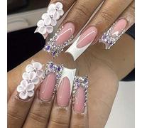 10 pièces/set d'ongles français extra-rectangulaires sculptés avec strass, couvrance totale, réutilisables, disponibles en quatre tailles, convient aux filles/femmes, actrices, spectacles, festivals,