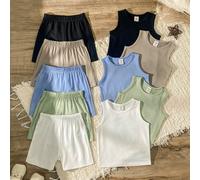 10 pièces/set Ensemble de débardeur et shorts pour bébé garçon et fille, tenue d'été, noir, blanc, gris, bleu, gris-vert, col rond, shorts assortis sans passants, coupe décontractée ample, convient po