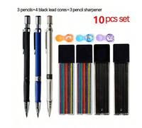 10 pièces/set Ensemble de porte-mines mécaniques 2,0 mm 2B, crayon automatique pour étudiant, recharges de mines de couleur/noires, fournitures scolaires et de bureau (3 stylos + 4 mines + 1 taille-cr