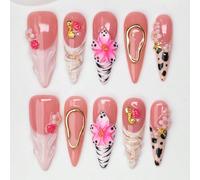 10 pièces/set Ongles à clipser en forme d'amande de style Y2K Baddie, faits à la main, couleurs nude et rose avec French tips, imprimés vache, zèbre, sculptés, hippocampe, strass, métal liquide asymét