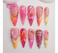 10 pièces/set Ongles à clipser en forme d'amande de style Y2K Baddie, faits à la main. Plaques d'ongles brillantes nude, rouges, roses, jaunes avec French tips, motifs sculptés, strass, morceaux de mé
