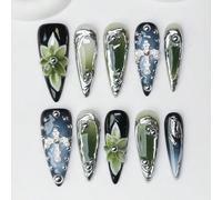 10 pièces/set Ongles à clipser en forme d'amande de style Y2K Baddie, faits à la main. Plaques d'ongles noires/vertes/argentées avec croix, métal liquide asymétrique, gravé, designs avec perles. Convi