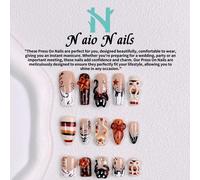 10 pièces/set Ongles à coller faits main style Y2K, brun nude avec French tip rayé, art des ongles peint à la main avec note de musique, étoile, chat 3D, nœud, gribouillis et pois, style café rétro mi