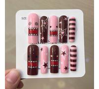 10 pièces/Set Ongles à presser Y2K rectangulaires 3D gel pailleté & blanc français, décoration mignonne DoMo, motif étoile et ligne, ensemble d'ongles acryliques faux parfaitement ajustés, comprend 1 