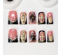 10 pièces/set Ongles acryliques style Baddie Y2K faits à la main, couleurs nude et noir avec French tips, motifs sculptés, strass, croix et pendentifs saints, convient aux femmes et aux filles, pour l