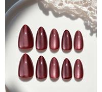 10 pièces/set Ongles en gel courts et amande faits à la main, design œil de chat satin rouge-brun, convient pour la Saint-Valentin, Noël, les fêtes, le bureau. Livré avec 1 pièce d'adhésif double-face