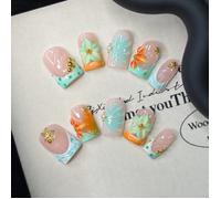 10 pièces/Set Ongles Y2K faits main, Ongles mignons, Ongles roses, Ongles à bout français bleu, Art des ongles fleurs 3D faits main, Parfait pour les fêtes & le port quotidien. Ongles carrés courts. O