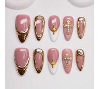10 pièces/set Pointes d'ongles amande faites à la main au style chic Y2K, en couleurs nude, blanc, or, avec des designs métalliques en croix, étoile, asymétrique. Convient pour les femmes et les fille