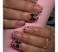 10 pièces Stickers pour manucure française de taille S/M/L, faux ongles courts carrés, imprimé léopard avec nœud noir, patchs pour ongles de couleur nude à coller, ongles artificiels brillants réutili