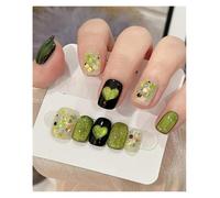 10 Pièces Vert Amour Faux Ongles Faits À La Main Vert Noir Multicolore Presse Sur L'ongle Kit Manucure(L)