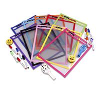 10 Pochettes Fiches Réutilisables Feuille A4 | Dry Erase Pocket Grande 36x26cm | PET Recyclable Écologique | 10 Couleurs,10 Marqueurs,2 Gommes,2 Ballons | Fournitures Scolaires,École,Crèche,Ludothèque