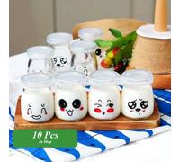 10 Pot Yaourt en Verre avec Couvercles Décor émoticône, Bocal Crème Pot a Dessert Contenance 100 ML