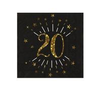10 Serviettes papier Joyeux anniversaire 20 noir et or 18 33 x 33 cm