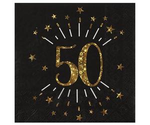 10 Serviettes papier Joyeux anniversaire 50 noir et or 18 33 x 33 cm
