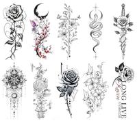 10 Tatouages Éphémères Simples En Noir Et Blanc Représentant Une Lune Et Une Rose, Résistants À L'Eau Et À La Transpiration, Pour Hommes Et Femmes