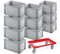 10 x Euro Conteneurs (L x l x h) 600 x 400 x 320 mm, lot économique avec1 Transporteur à roulettes gratuit
