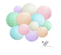10 x Lampions en Papier Pastel Couleurs avec LED et télécommande avec Crochets de Suspension