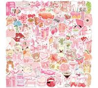 100 autocollants roses esthétiques, autocollants mixtes coquets pour filles, décalcomanies en vinyle imperméables pour skateboards