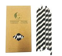 100% Biodégradables Pailles à Rayures Noires et Blanches, Lot de 100 Noire Pailles en Papier pour Fêtes, Mariages et Occasions
