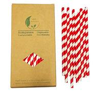 100% Biodégradables Pailles à Rayures Rouges et Blanches, Lot de 100 Pailles en Papier Blanches et Rouges pour Décoration de Fête