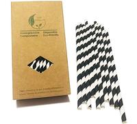 100% Biodégradables Pailles en Papier à Rayures Noires, Lot de 100 Pailles en Carton Rayées Noires et Blanches pour Résistantes, Bars