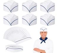 100 Calots en Papier Jetables Ajustables - Style Bateau Blanc avec Franges Bleues 28 cm | Charlotte Cuisine Hygiène Restauration Collective | García de Pou
