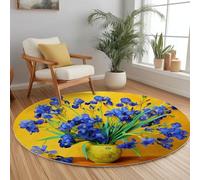 100 cm Jaune Tapis Rond Salon, Belles Fleurs Iris Imprimé Tapis de Sol Antidérapant, Bien pour Chambre Cuisine Balcon Terrasse Salle à Manger Intérieur Extérieur