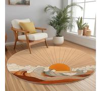100 cm Minimalist Tapis Rond Salon, Lignes Soleil Surface De La Mer modèle Tapis de Sol Antidérapant pour Salon Chambre Cuisine Balcon Terrasse Salle à Manger Intérieur Extérieur, Couleur Orange